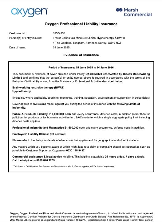 Mindset Clinical Hypnotherapy & BWRT Insurance Certificate